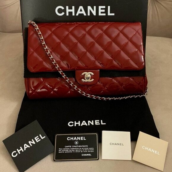 Chanel CC Classic Quilted Patent Leather Flap Shoulder Bag Clutch, Dark Red, EUC - Picture 1 of 16